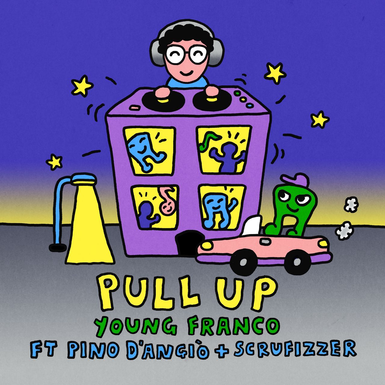 Young Franco Pull Up single artwork featuring a cartoon DJ on a building mix console, dancing figures in windows, and a green monster in a pink car.